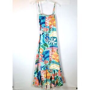Paper Heart Womens Ruffle Hem Floral Open Back Tank Maxi Dress Size Medium Green